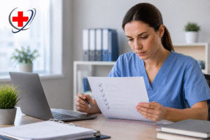 Healthcare professional reviewing a provider credentialing checklist and documents in a modern medical office.