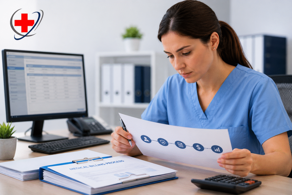 Healthcare professional reviewing a medical billing process document and financial workflow in a modern medical office.