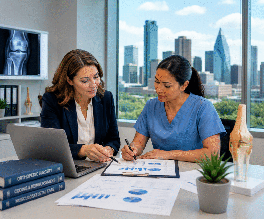 Orthopedic billing professionals reviewing claims and billing documents in Houston, Texas