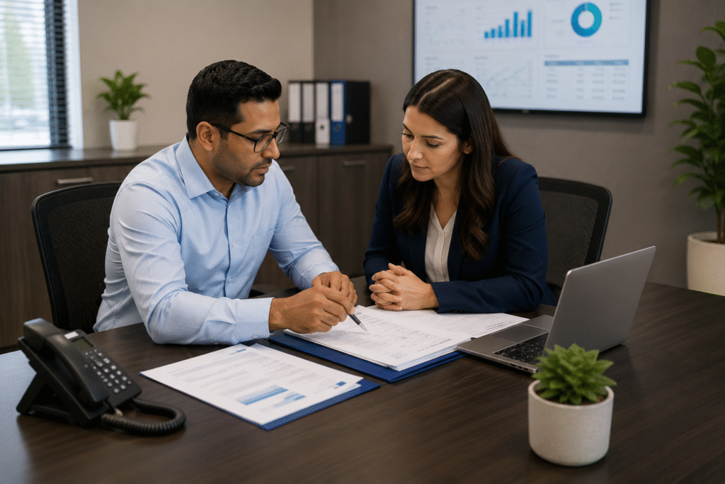 Two healthcare professionals reviewing medical billing documents and financial reports together in a modern office.
