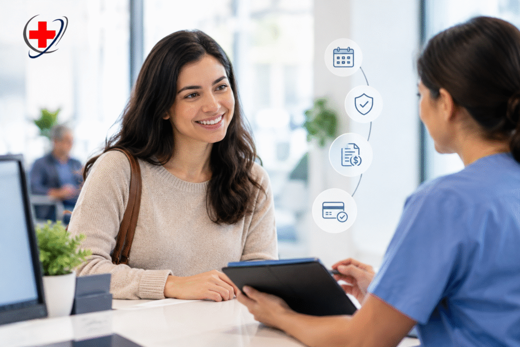 Patient discussing healthcare billing and payment details with a medical staff member at a clinic reception desk.
