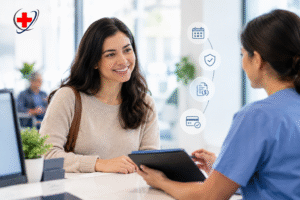 Patient discussing healthcare billing and payment details with a medical staff member at a clinic reception desk.