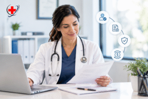 Doctor reviewing medical billing documents and revenue cycle information in a modern medical office.
