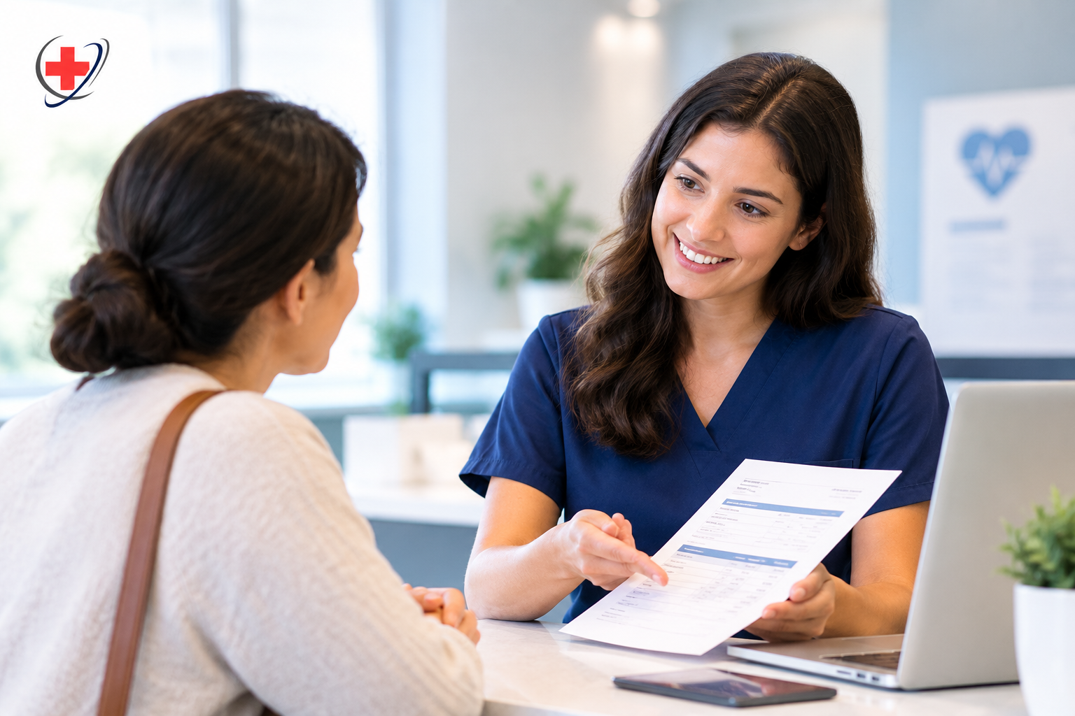 Medical billing specialist explaining a patient bill during a healthcare consultation
