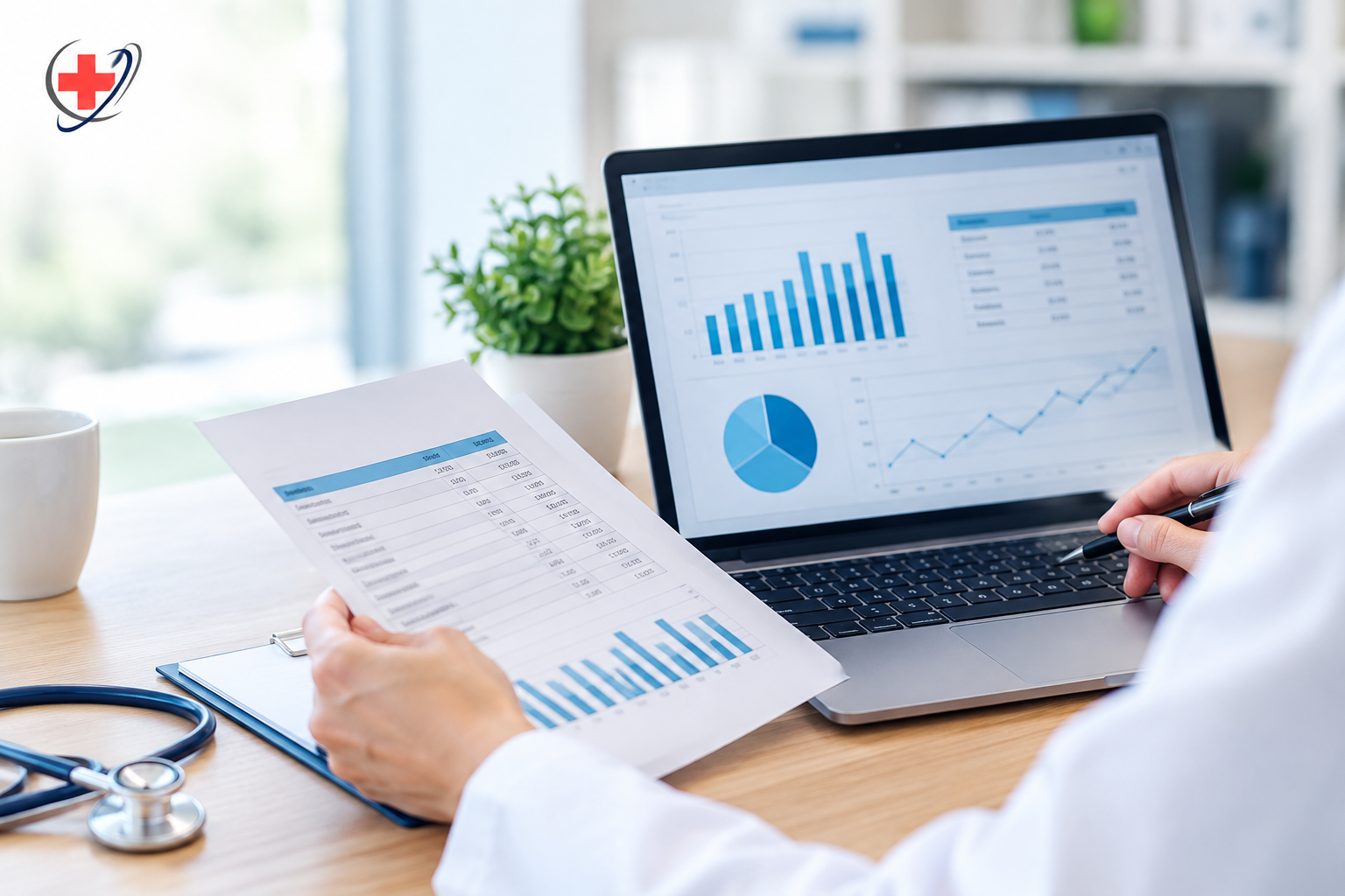 Practice owner reviewing medical billing metrics and revenue cycle reports on a laptop
