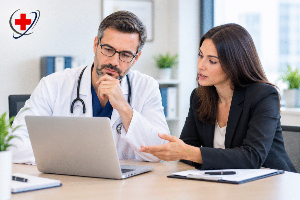 Doctor and medical billing professional reviewing practice revenue cycle information on a laptop in a modern medical office with The Medicators logo.