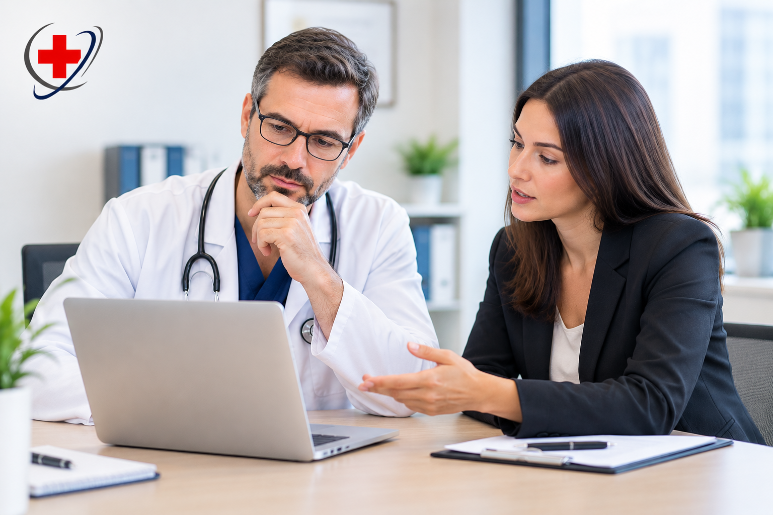 Doctor and medical billing professional reviewing practice revenue cycle information on a laptop in a modern medical office with The Medicators logo.