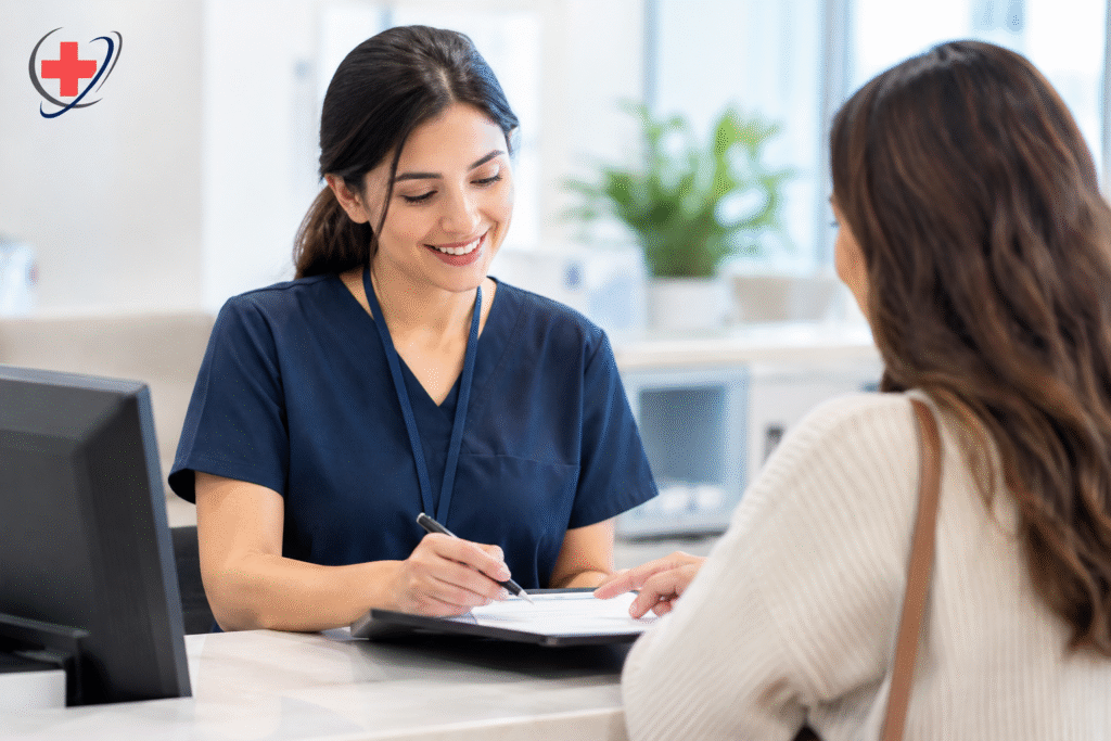 Medical staff member reviewing insurance information with a patient at a clinic reception