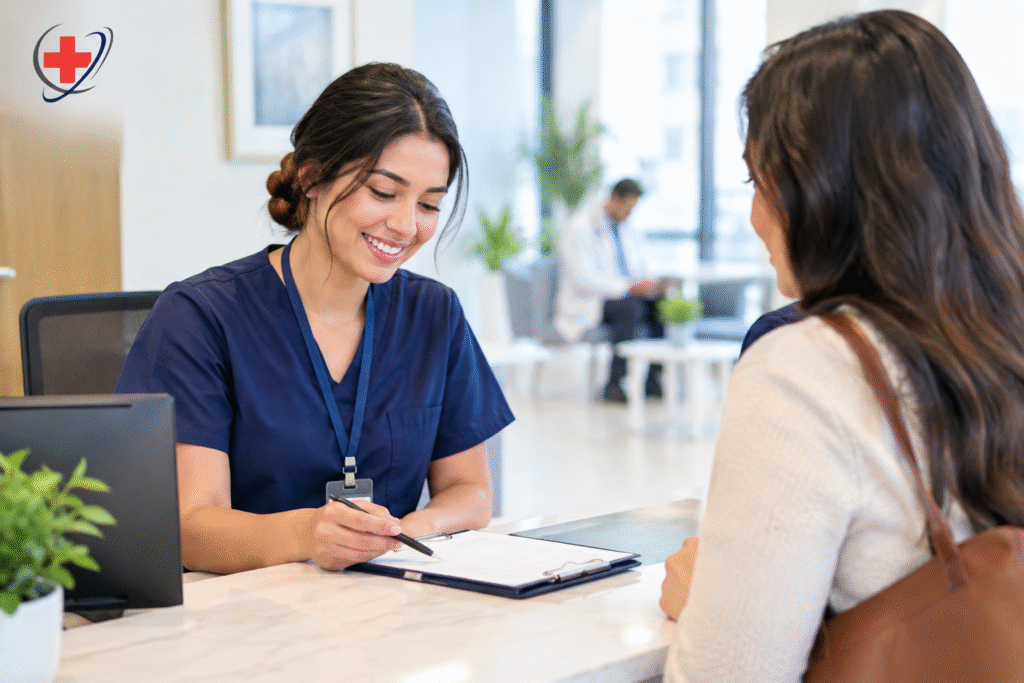 Realistic medical clinic receptionist assisting a patient with appointment scheduling at a front desk