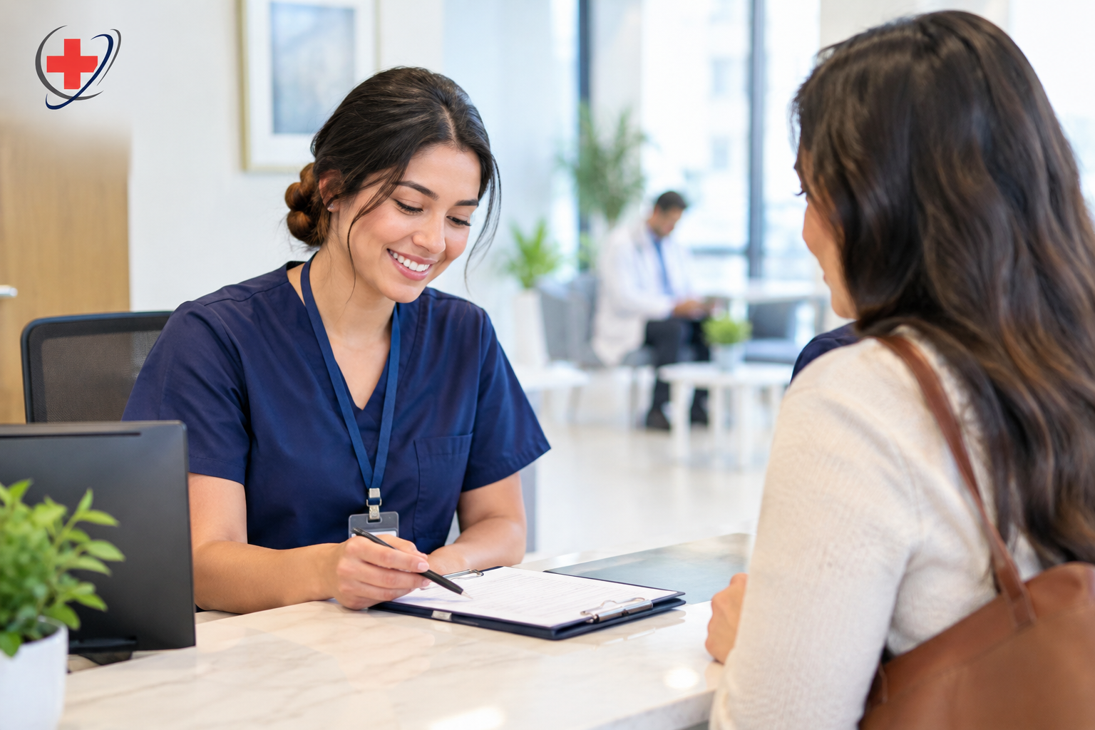 Realistic medical clinic receptionist assisting a patient with appointment scheduling at a front desk