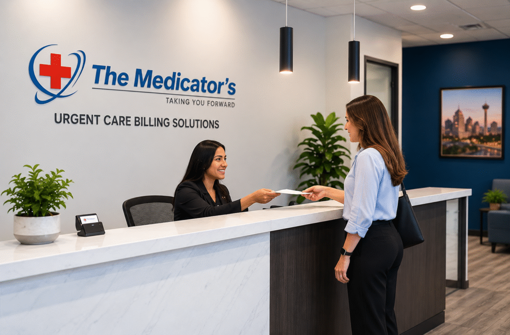 Urgent care billing solutions reception area in San Antonio featuring The Medicator’s staff assisting a patient