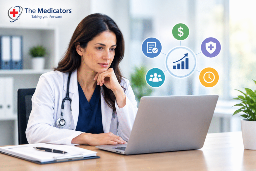 Medical practice owner reviewing billing KPIs and revenue performance on a laptop with The Medicators logo.