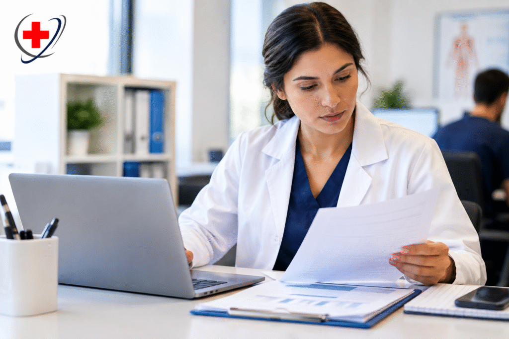 Specialty healthcare professional reviewing payer requirements and billing documents in a modern medical office
