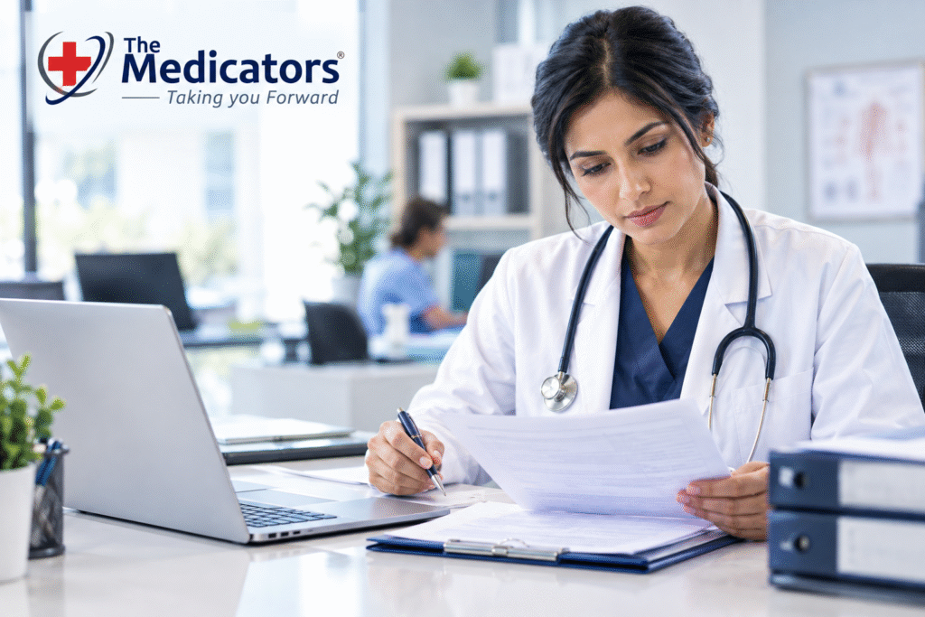 Female healthcare provider reviewing patient enrollment and credentialing paperwork at a desk with a laptop, branded with The Medicators logo.