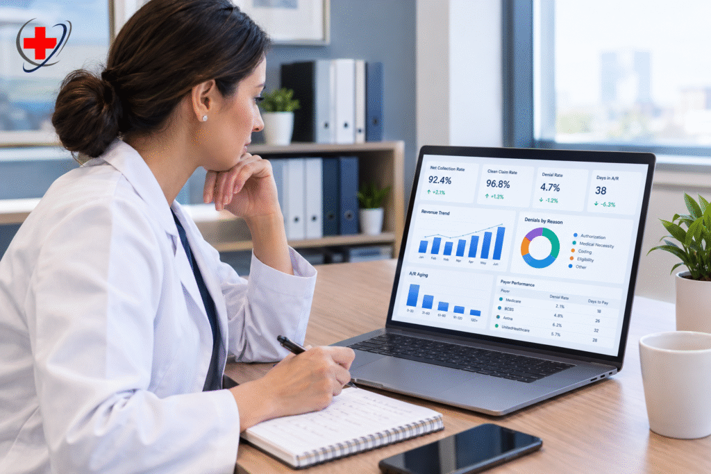 Female practice owner reviewing a medical billing KPI dashboard on a laptop, showing net collection rate, clean claim rate, denial breakdown, and A/R aging for The Medicators.