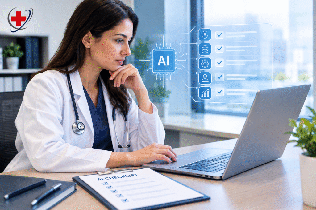Medical billing AI checklist displayed in a modern healthcare office with a doctor reviewing AI technology and billing workflow considerations.