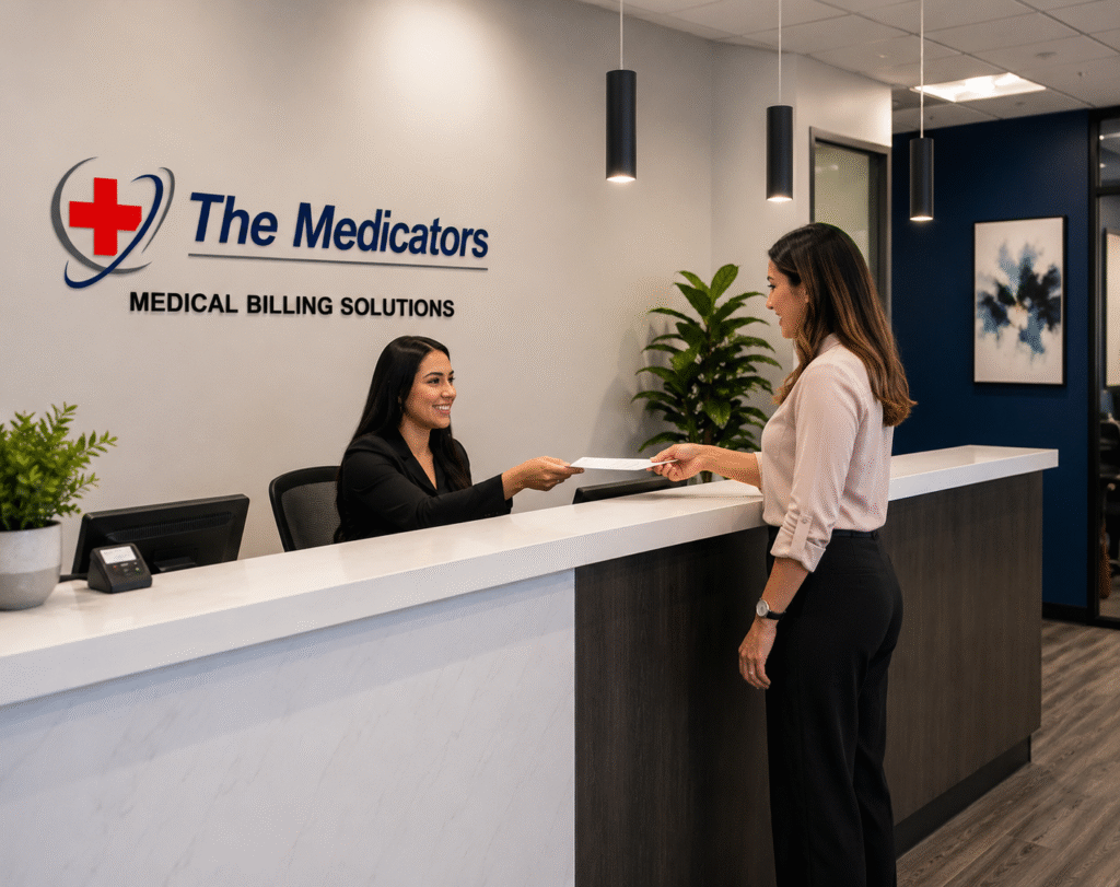 The Medicators medical billing office reception with staff assisting a client at the front desk