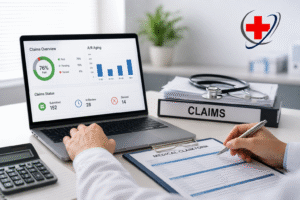 Medical billing professional reviewing claims and reimbursement data on a laptop in a modern healthcare office.