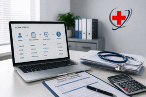 Medical billing workspace showing a claim status workflow, medical claim form, patient records, and reimbursement management tools.