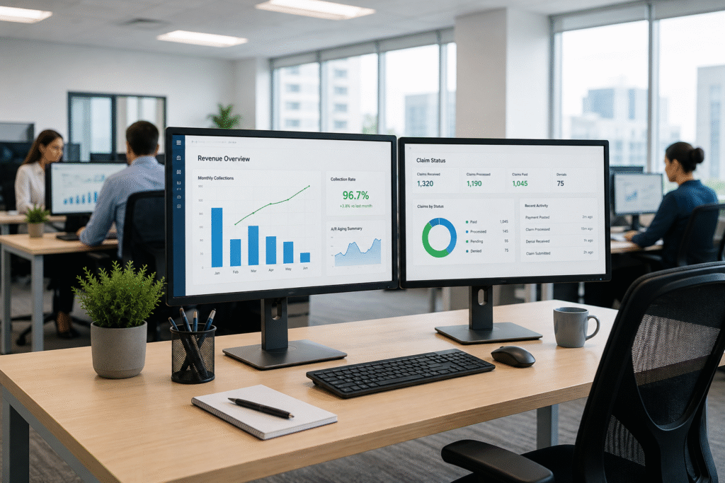 Modern healthcare revenue cycle management workstation with dual monitors displaying revenue, collections, claim status, and A/R aging dashboards.