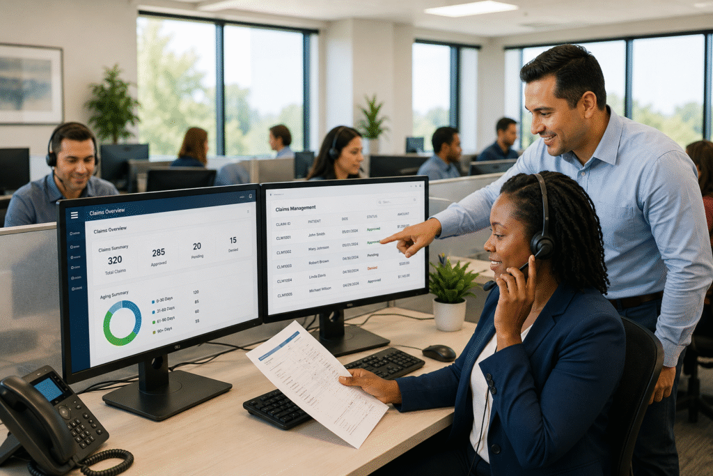 Healthcare billing team reviewing claims and revenue cycle information on dual computer monitors in a modern office.
