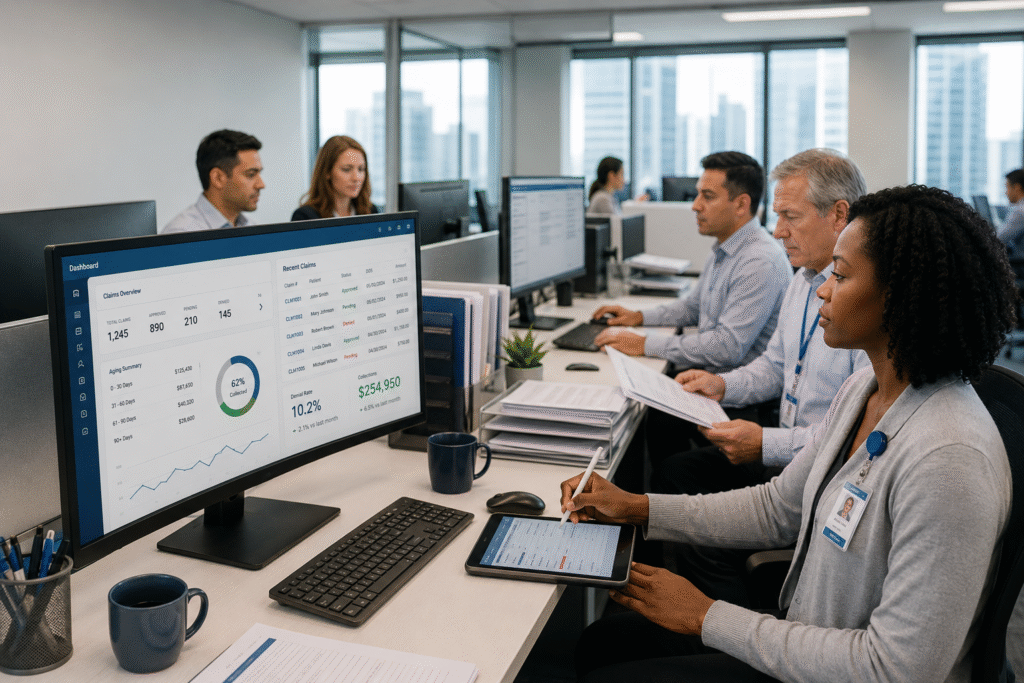 Healthcare billing team reviewing claims, accounts receivable, and revenue cycle data on computer dashboards in a modern office.