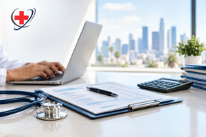 Urban medical office desk with stethoscope, billing paperwork, calculator, and laptop overlooking a city skyline for The Medicators