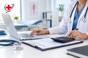 Clinician in a white coat using a calculator next to a laptop and patient billing paperwork in a clinical office setting for The Medicators.