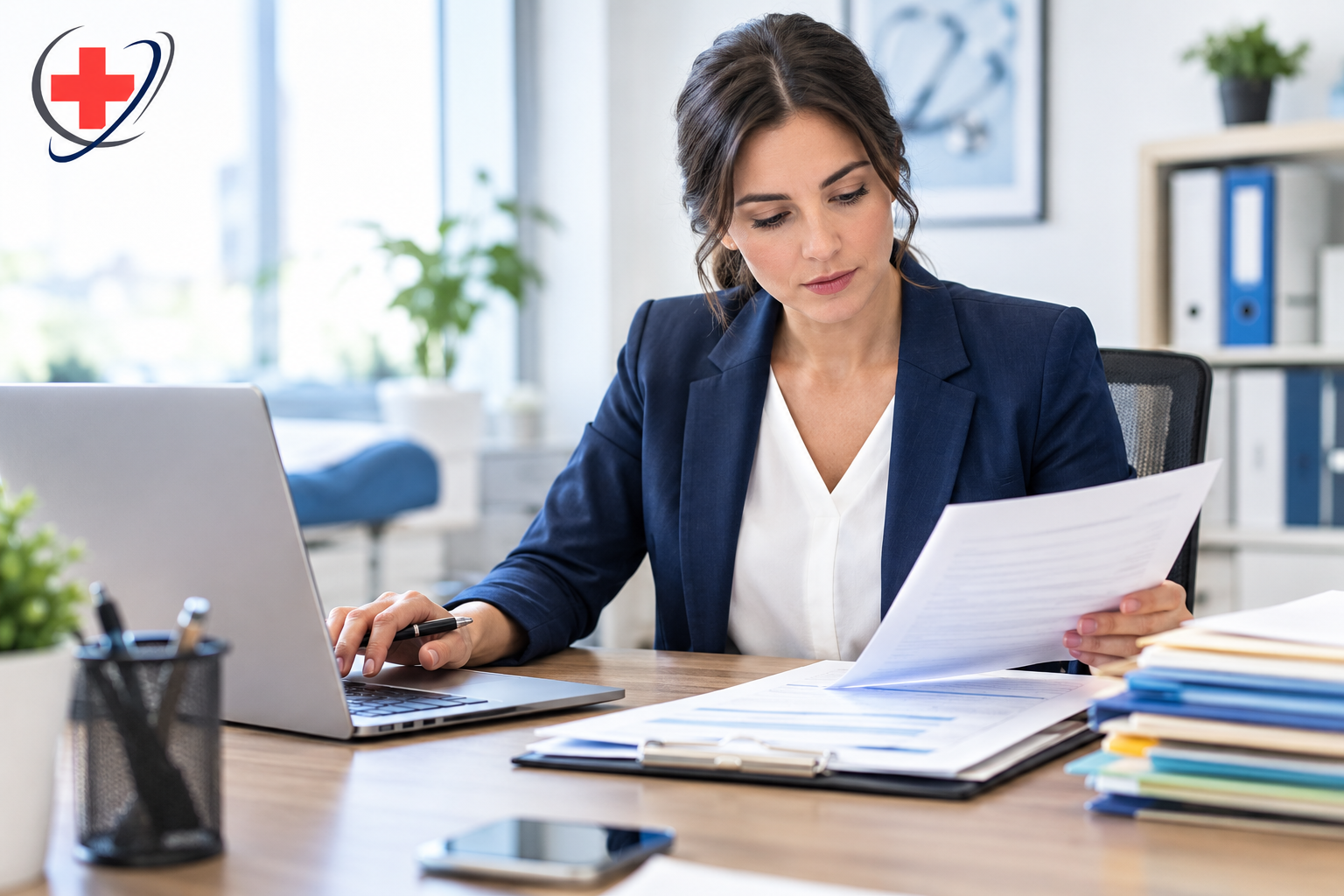 Medical practice professional managing administrative tasks and paperwork at a desk in a modern healthcare office.