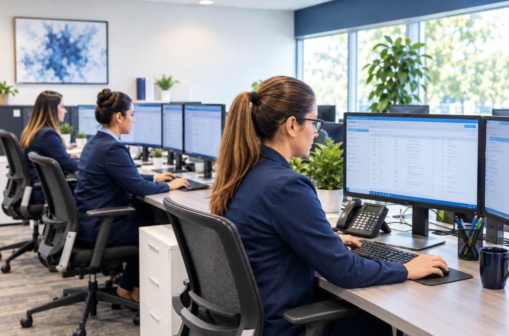 Healthcare office professionals working at computer workstations in a modern, well-organized office environment.