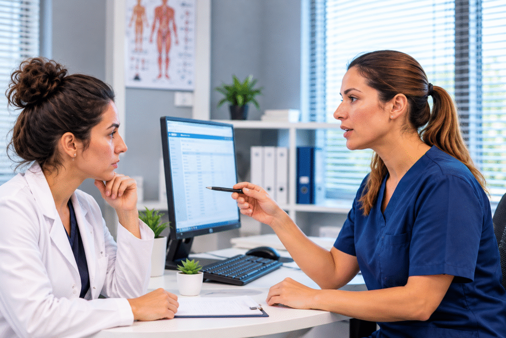 Two healthcare professionals discussing patient information during a consultation in a modern medical office.