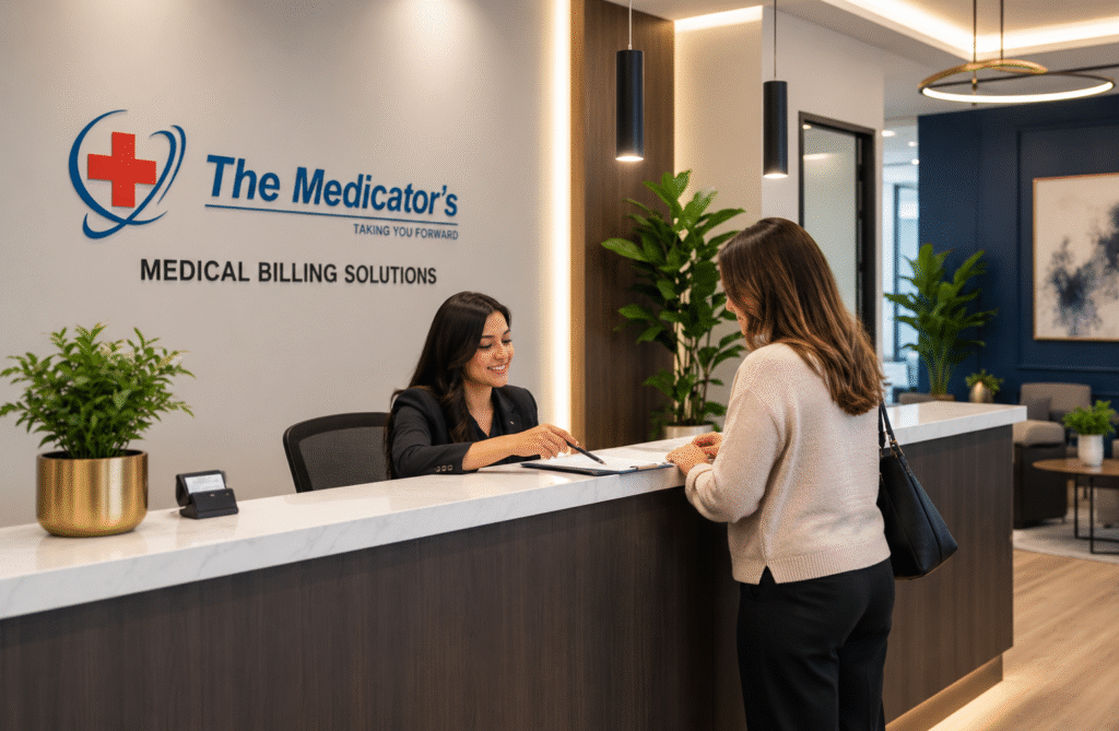 Medical billing receptionist reviewing paperwork with a visitor at The Medicators reception desk