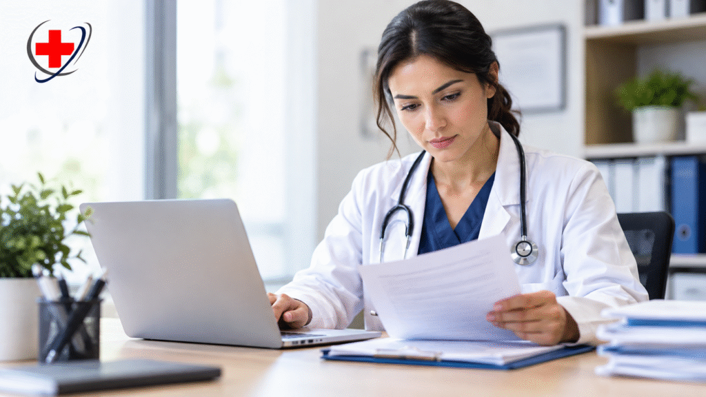 Healthcare professional reviewing payer requirements and medical billing documents in a modern medical office, with The Medicator’s logo visible.