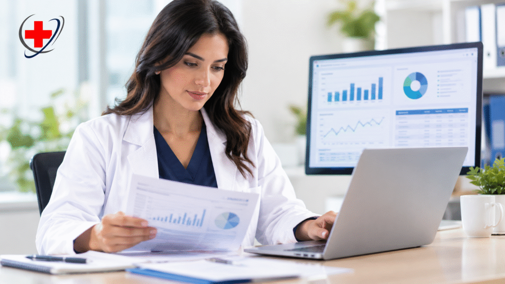 Medical practice owner reviewing financial and revenue cycle reports on a laptop and analytics dashboard in a modern healthcare office.