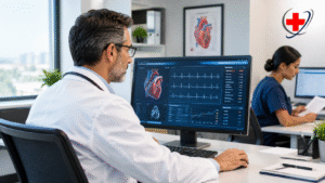 Cardiologist reviewing 2026 cardiology updates and cardiovascular data on a computer monitor in a modern medical office.