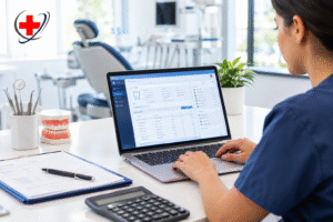 Dental billing specialist reviewing patient billing and insurance information on a laptop in a modern dental office.