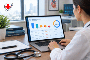 Cardiology billing professional reviewing an accounts receivable aging dashboard on a laptop in a modern medical office, with The Medicators logo visible.