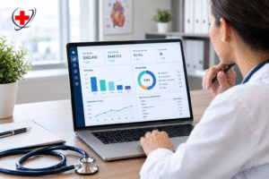 Medical billing performance dashboard showing A/R aging, denial rates, collections, and revenue cycle KPIs in a modern healthcare office