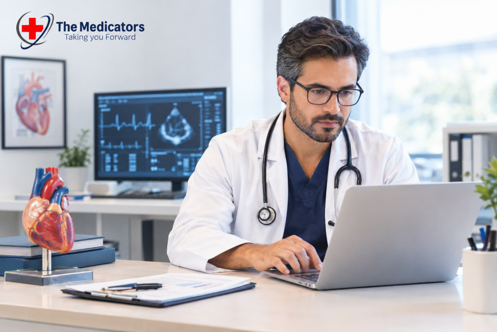 Cardiologist reviewing medical and revenue cycle information in a modern cardiology office