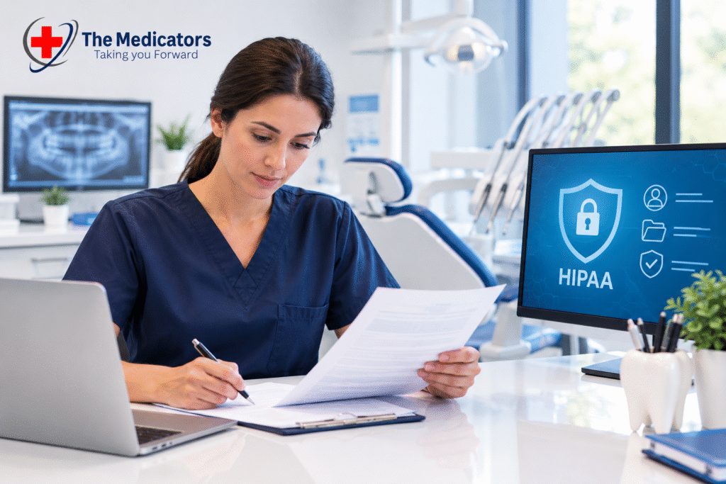 Female dental professional in navy scrubs reviewing paperwork at a desk in a modern clinic, with a HIPAA security screen and dental equipment in the background.