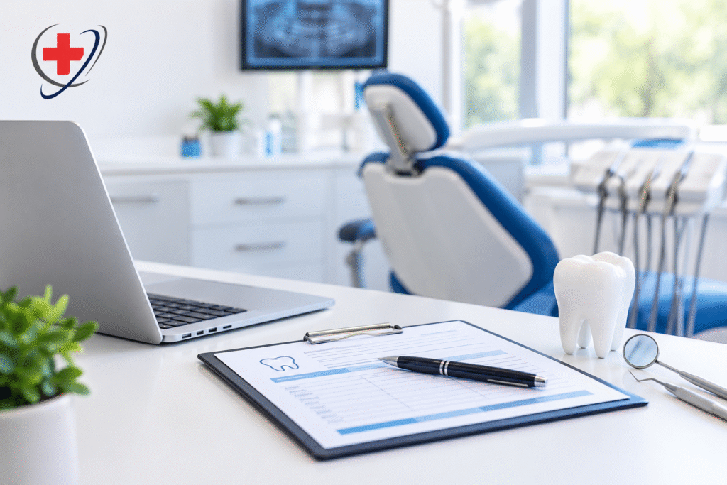 Dental revenue cycle management workflow in a modern dental office with billing documents and dental equipment