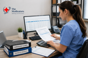 Medical biller reviewing cardiology claims and billing documents at a professional healthcare office desk with The Medicators logo in the background.