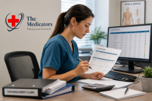 Medical biller reviewing a pain management claim at a healthcare billing workstation with The Medicators logo displayed on the wall.