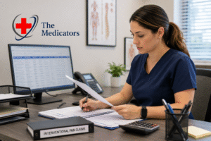Medical biller reviewing interventional pain billing claims on a computer in a modern healthcare office, with The Medicator's logo displayed.