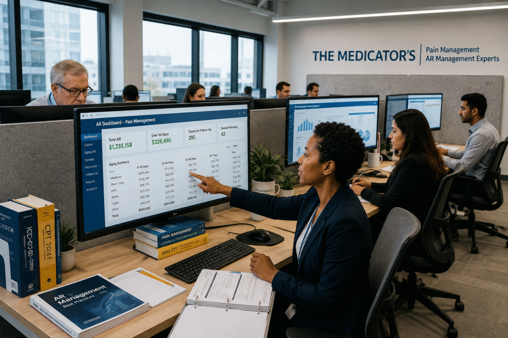 Pain management accounts receivable management team reviewing AR aging data and claim follow-up metrics on a computer dashboard.