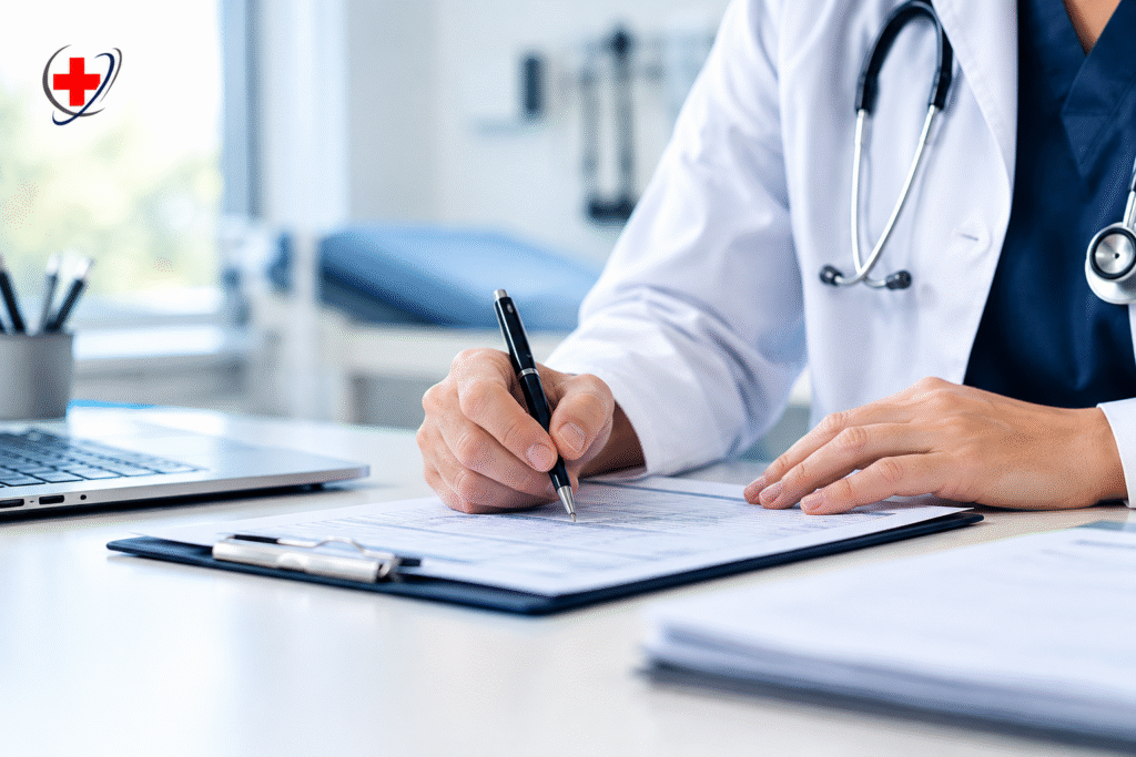 Pain management physician reviewing medical documentation to ensure accurate coding and reduce claim denials