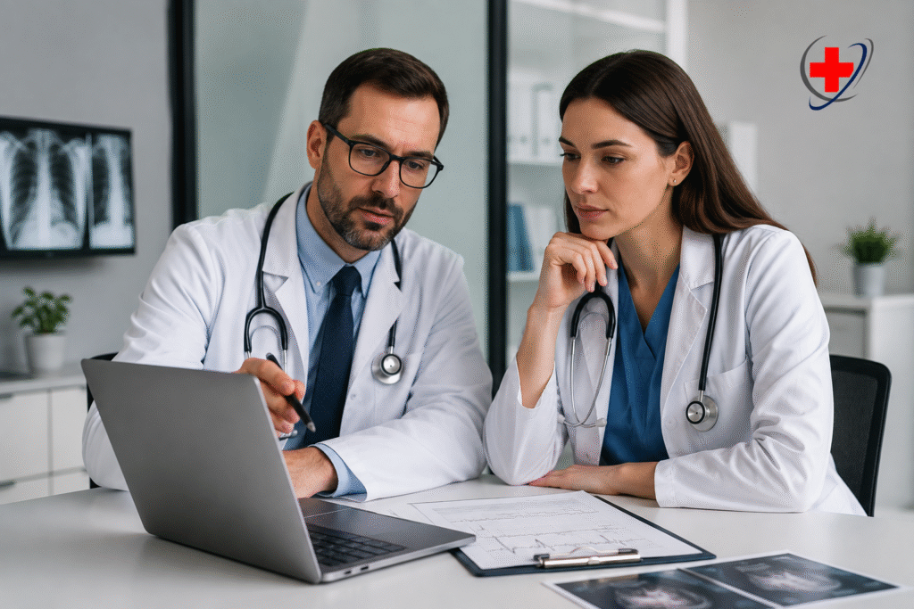 Cardiology and internal medicine physicians reviewing medical billing and diagnostic records