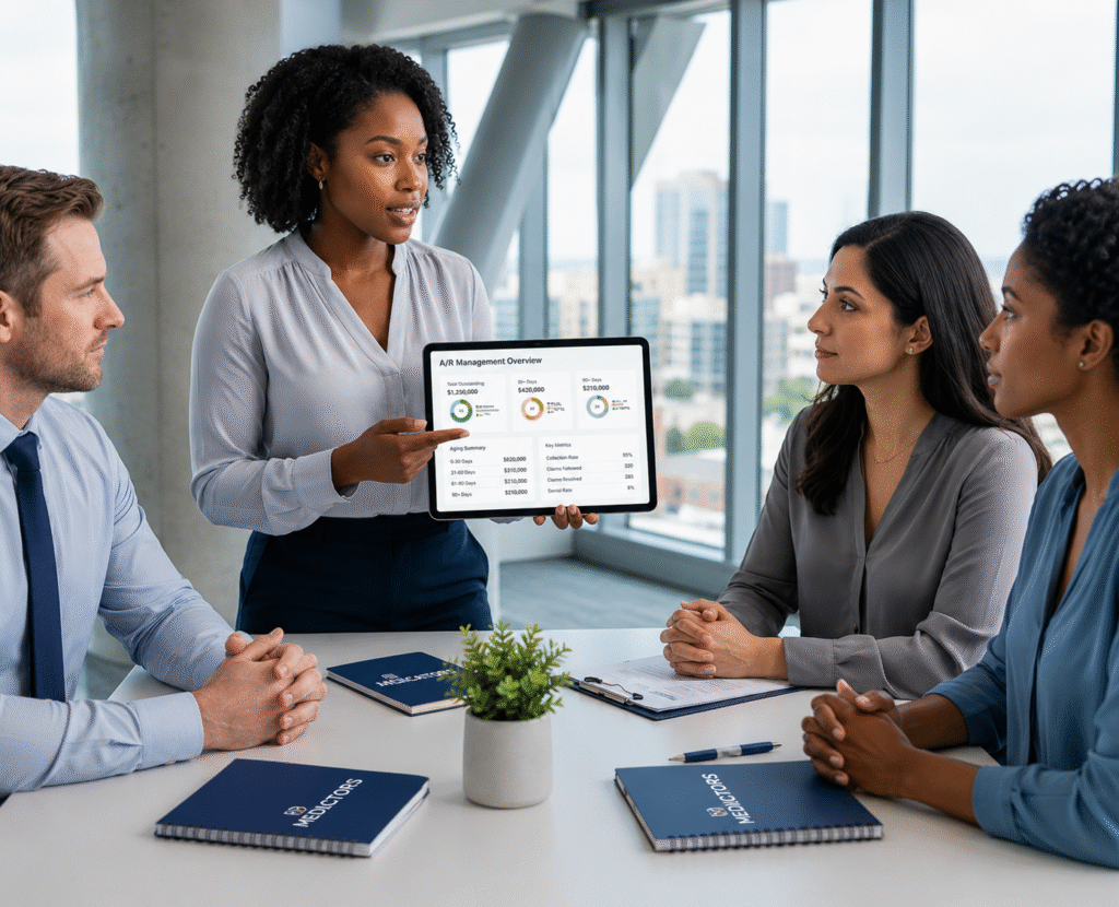 Healthcare professionals discussing AR management services in New York during a business meeting