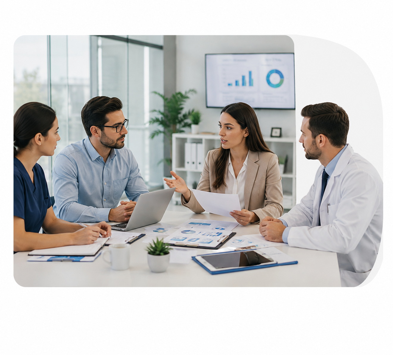 Healthcare professionals discussing medical billing and revenue management in a modern office meeting.