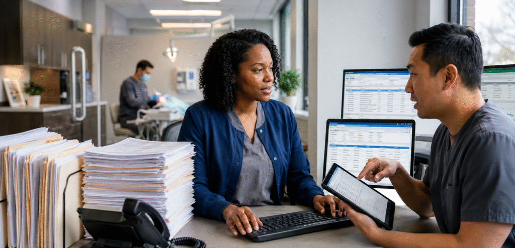 Medical billing professionals reviewing patient accounts and insurance claims on a tablet and computer in a modern healthcare office.